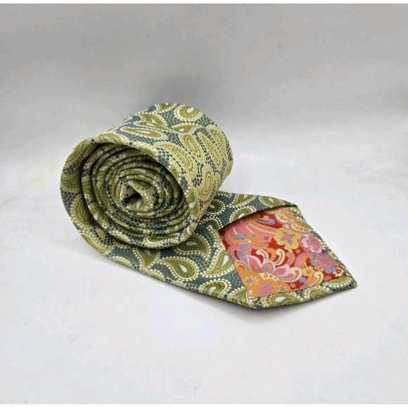 Ted Baker London Neck Tie Mens Green & Yellow PAISLEY Textured 100% Silk - Picture 1 of 9